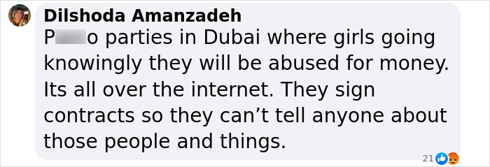 Comment by Dilshoda Amanzadeh discussing abuse and contracts related to parties in Dubai, referencing model with broken spine and limbs.