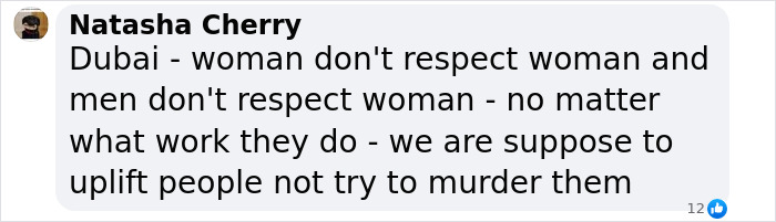 Comment on social media about a model found on roadside in Dubai with spine and limbs broken, highlighting respect issues.