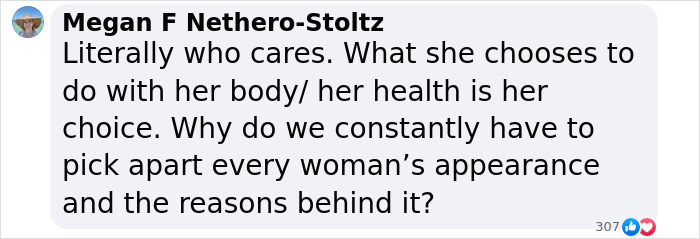 Comment on social media post with text about body positivity, rejecting Ozempic and surgery rumors. Comment on social media post with text about body positivity, rejecting Ozempic and surgery rumors.