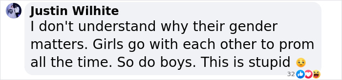 Comment from Justin Wilhite discussing confusion over gender issues related to teen girl expelled from Christian school over her trans prom date.