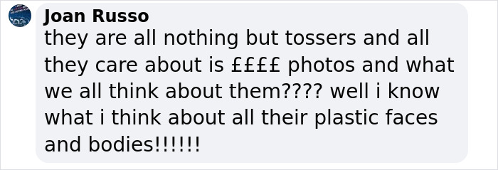 Comment by Joan Russo criticizing public figures for caring about money and plastic appearances in social media posts.