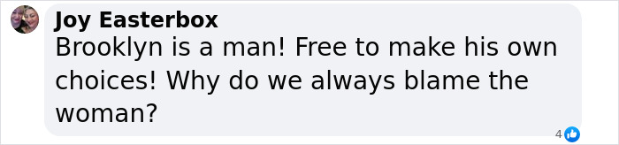 Comment by Joy Easterbox debating Brooklyn Beckham's choices, relating to Bella Thorne warning about Nicola Peltz.