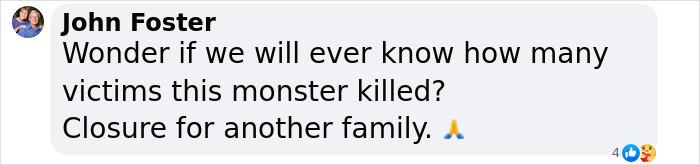 Facebook comment expressing concern about the number of victims linked to suspected serial killer on farm.