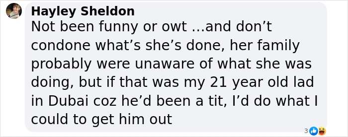 Screenshot of a social media comment discussing a 21-year-old woman jailed in a harsh Dubai prison without shower facilities. Screenshot of a social media comment discussing a 21-year-old woman jailed in a harsh Dubai prison without shower facilities.