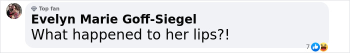 Facebook comment by Evelyn Marie Goff-Siegel questioning appearance, mentioning lips in reaction to Jessica Simpson live TV performance.