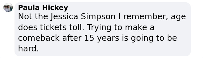 Screenshot of a social media comment criticizing Jessica Simpson's first live TV performance comeback after 15 years.