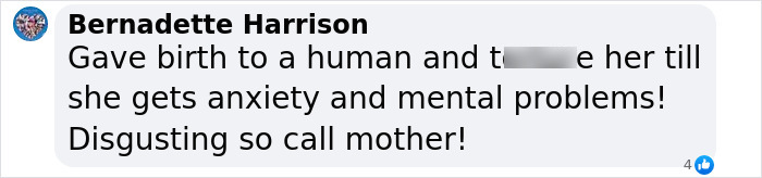 Comment from Bernadette Harrison criticizing a mother for causing her child's anxiety and mental health issues. Comment from Bernadette Harrison criticizing a mother for causing her child's anxiety and mental health issues.