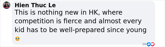 Comment mentioning fierce competition in HK where kids must be well-prepared from a user named Hien Thuc Le. Comment mentioning fierce competition in HK where kids must be well-prepared from a user named Hien Thuc Le.