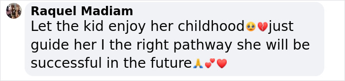 Comment by Raquel Madiam expressing concern about a child’s well-being and future success amid strict parenting. Comment by Raquel Madiam expressing concern about a child’s well-being and future success amid strict parenting.