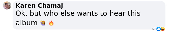 Screenshot of a Facebook comment by Karen Chamaj asking who else wants to hear the album amid Blake Lively and Taylor Swift feud.