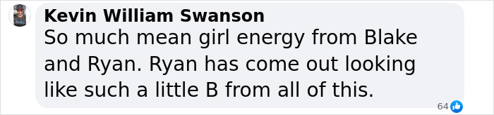Comment from Kevin William Swanson expressing negative opinions about Blake and Ryan amid Blake Lively allegedly blackmailing Taylor Swift controversy.