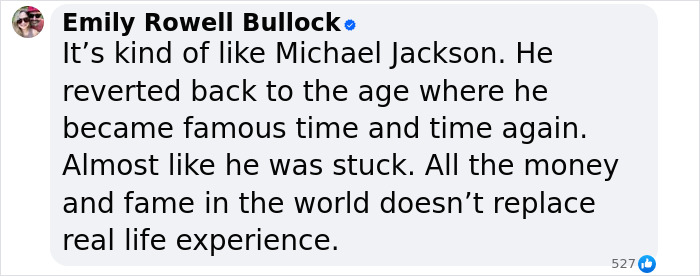 Facebook comment by Emily Rowell Bullock discussing Michael Jackson’s fame and real life experience in response to Ben Shapiro dragged online. Facebook comment by Emily Rowell Bullock discussing Michael Jackson’s fame and real life experience in response to Ben Shapiro dragged online.