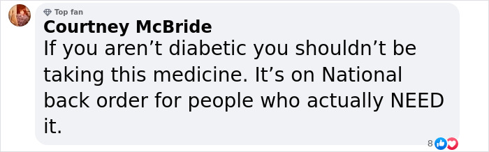 User comment warning against non-diabetics taking medicine amid Ozempic tongue side effects discussion by celebs.