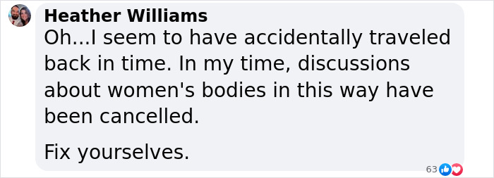 Screenshot of a Facebook comment criticizing discussions on women's bodies amid Miley Cyrus' sister Noah's revealing look backlash.
