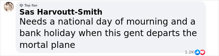 Text comment from Sas Harvoutt-Smith expressing need for a national day of mourning when David Attenborough nears end of life.