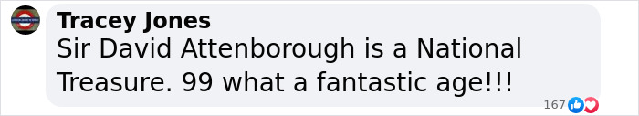 Comment by Tracey Jones praising David Attenborough as a national treasure at age 99, highlighting his legacy.