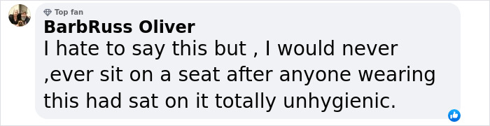 Commenter BarbRuss Oliver expressing disgust about sitting on a seat after someone revealing backside at Cannes event, citing hygiene concerns.