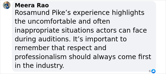 Comment discussing Rosamund Pike&rsquo;s experience with uncomfortable Bond girl auditions and the need for professionalism.