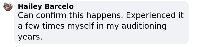 Comment from Hailey Barcelo confirming experiences during Bond girl auditions and auditioning years.