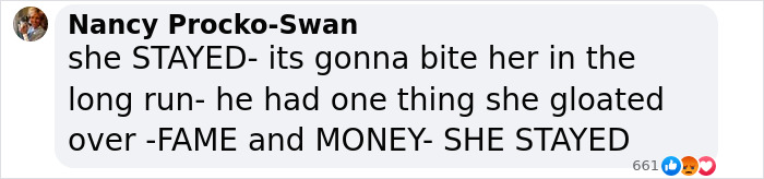 Comment by Nancy Procko-Swan discussing fame and money, related to Cassie describing freak-offs while Diddy is on the stand.