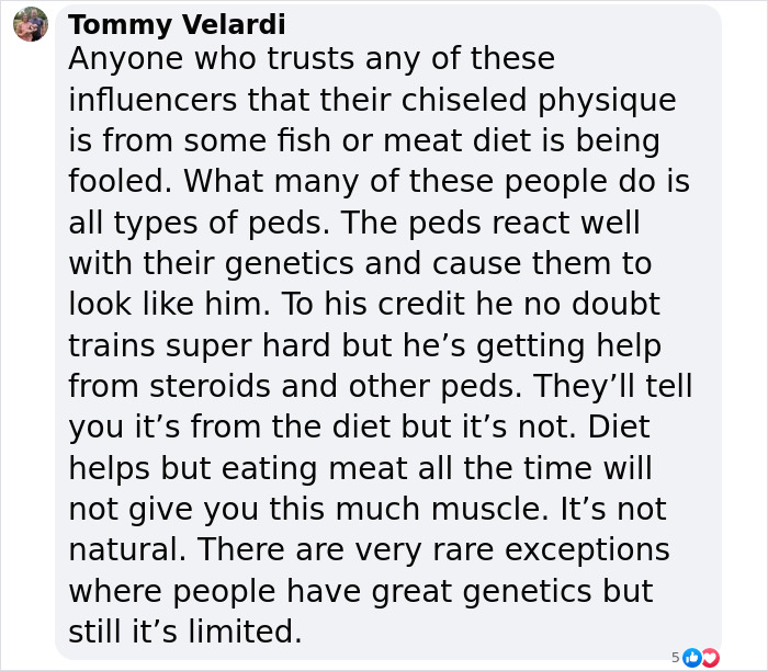 ALT text: Social media comment discussing steroids and raw animal diet claims related to Liver King’s physique and muscle gains. ALT text: Social media comment discussing steroids and raw animal diet claims related to Liver King’s physique and muscle gains.