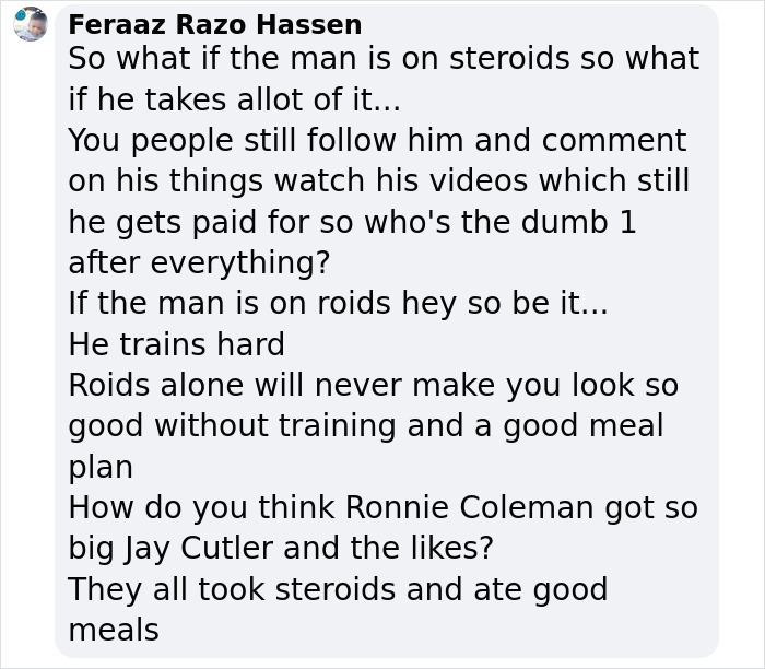Comment discussing steroid use and training in response to the Liver King and extreme raw animal diet controversy. Comment discussing steroid use and training in response to the Liver King and extreme raw animal diet controversy.