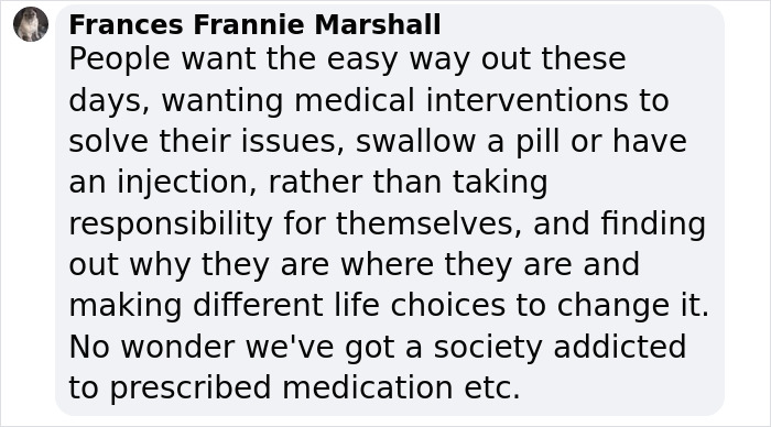 User profile picture and comment by Frances Frannie Marshall expressing views on medical interventions versus lifestyle choices for fat burning with Ozempic.