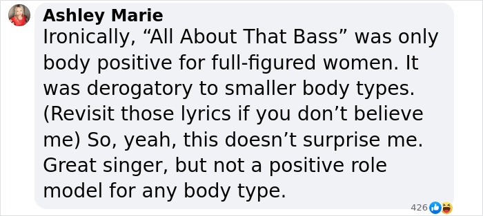 Comment by Ashley Marie discussing Meghan Trainor&rsquo;s body positivity and makeover after weight loss and plastic surgery.