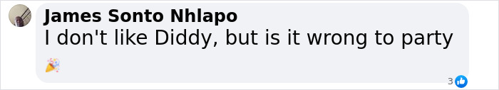 Comment from James Sonto Nhlapo questioning if it is wrong to party despite disliking Diddy, related to star-studded Ibiza party.