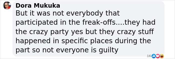Screenshot of a Facebook comment discussing the wild star-studded party and trial related to Diddy in Ibiza.