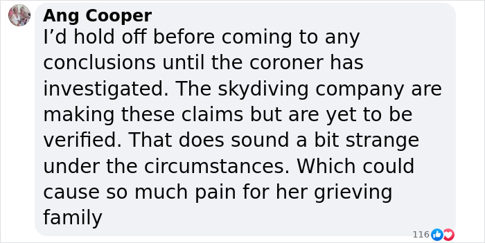 Comment discussing an experienced skydiver's jump and the ongoing coroner investigation into her demise.