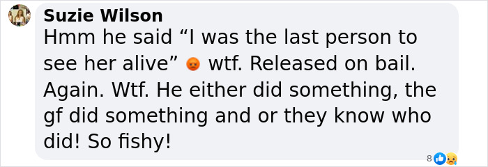 Screenshot of a Facebook comment discussing suspicious messages related to Phoebe Bishop's disappearance.