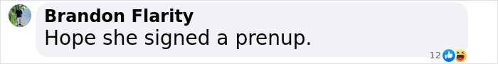Comment on social media post by Brandon Flarity joking about prenup related to Justin Bieber and Hailey&rsquo;s relationship.