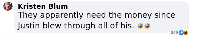 Screenshot of a Facebook comment humorously mentioning Justin and money in relation to a recent post.