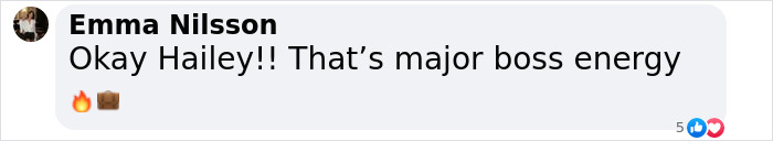 Screenshot of a Facebook comment praising Hailey with major boss energy and fire and briefcase emojis.