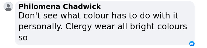 Facebook comment by Philomena Chadwick expressing doubt about the significance of color when meeting the Pope wearing white outfits.