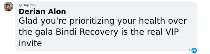 Facebook comment from a top fan named Derian Alon expressing support for Bindi Irwin&rsquo;s health recovery after a medical emergency.