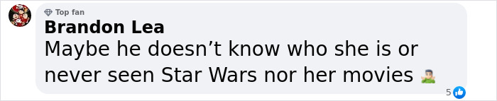 Comment about a vlogger unknowingly recording next to an A-list star, mentioning Star Wars and movie recognition.