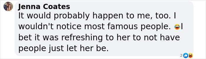 Comment from Jenna Coates discussing how she wouldn't notice famous people and the experience of a vlogger sitting next to an A-list star.