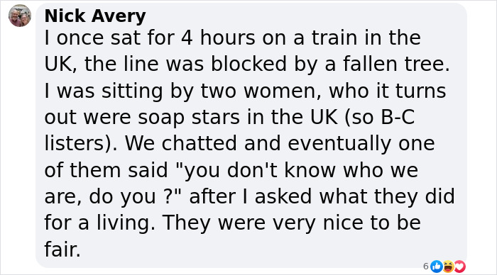 Comment text about sitting next to soap stars, illustrating vlogger records video without realizing A-list star presence.