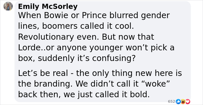 Comment discussing generational views on gender norms related to Lorde&rsquo;s new topless video controversy.