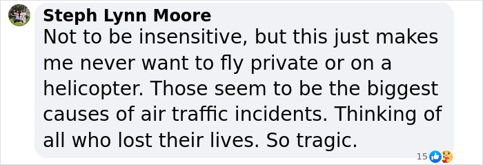 Comment expressing fear of flying private or helicopter due to air traffic incidents after famous drummer's San Diego plane crash.