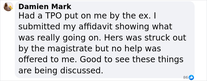 Comment by Damien Mark on domestic violence cases, sharing his experience and noting the ongoing debate about women and men perpetrators.