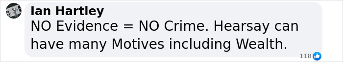 Facebook comment by Ian Hartley stating no evidence equals no crime, related to motives including wealth, about domestic violence debate.