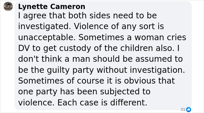 Facebook comment by Lynette Cameron discussing views on domestic violence and custody in response to professor's claim on gender equality in DV.
