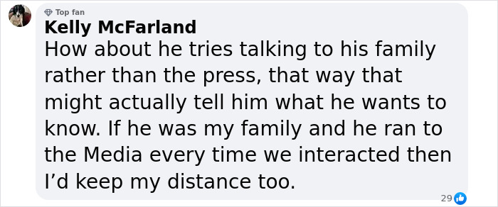 Commenter Kelly McFarland criticizes Prince Harry for not speaking directly to King Charles and the family, discussing media issues.
