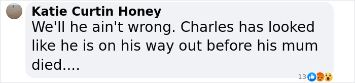 Facebook comment from Katie Curtin Honey discussing King Charles and Diana amid Prince Harry's claims.