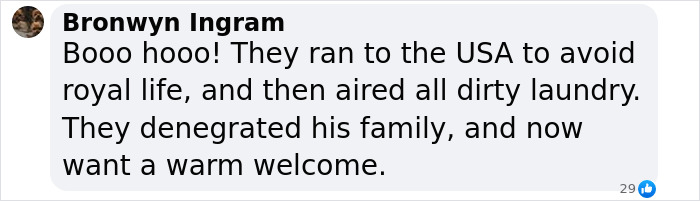 Comment by Bronwyn Ingram criticizing Prince Harry and his family for avoiding royal life and airing complaints publicly.