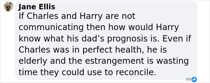 Comment on Facebook post discussing Prince Harry and King Charles&rsquo; lack of communication and estrangement.