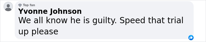 Screenshot of a Facebook comment by Yvonne Johnson discussing guilt and urgency for a trial related to Diddy's ex-assistant testimony.